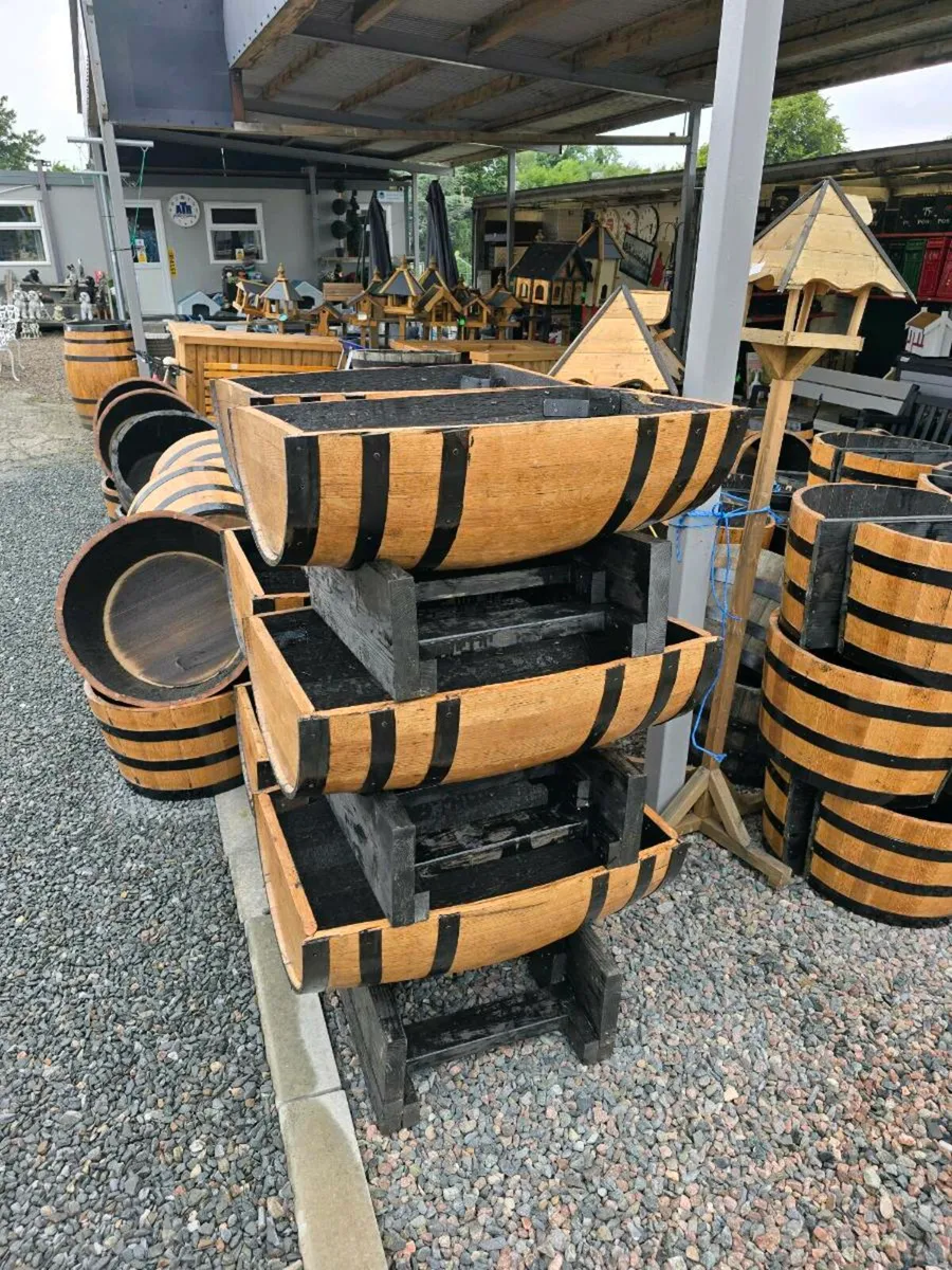½ cut oak barrel planters on wheels - Image 2