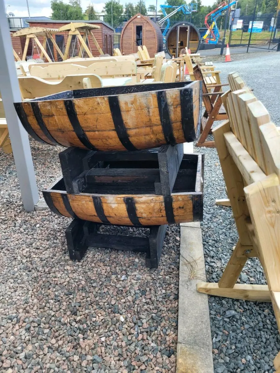 ½ cut oak barrel planters on wheels - Image 3