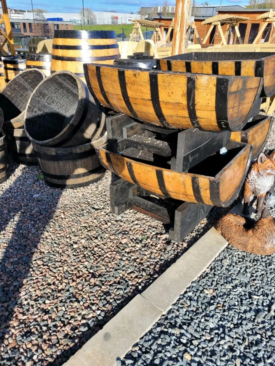 ½ cut oak barrel planters on wheels - Image 4