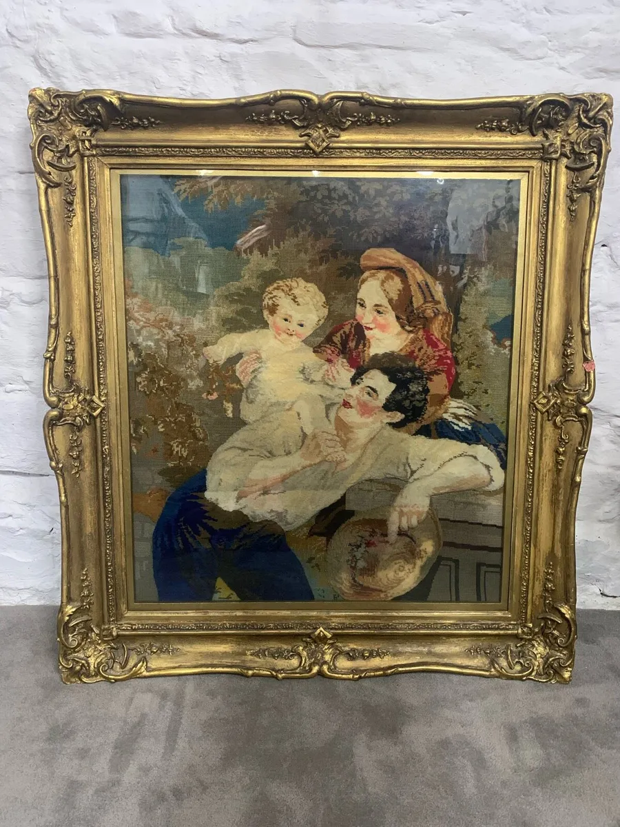 Large 19th century plumage tapestry in guilt frame - Image 1