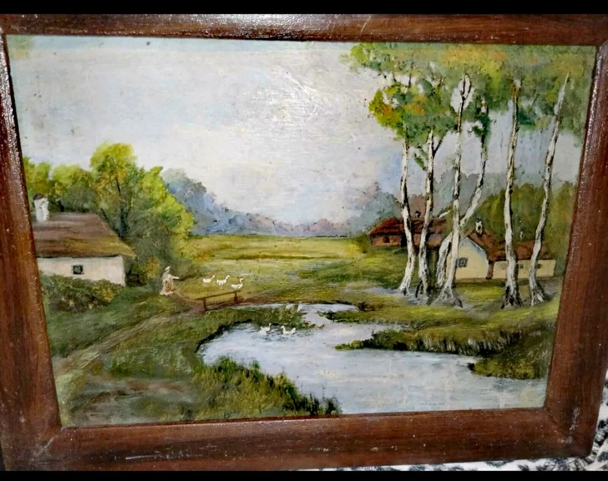 Antique 2 sided oil painting - Image 1