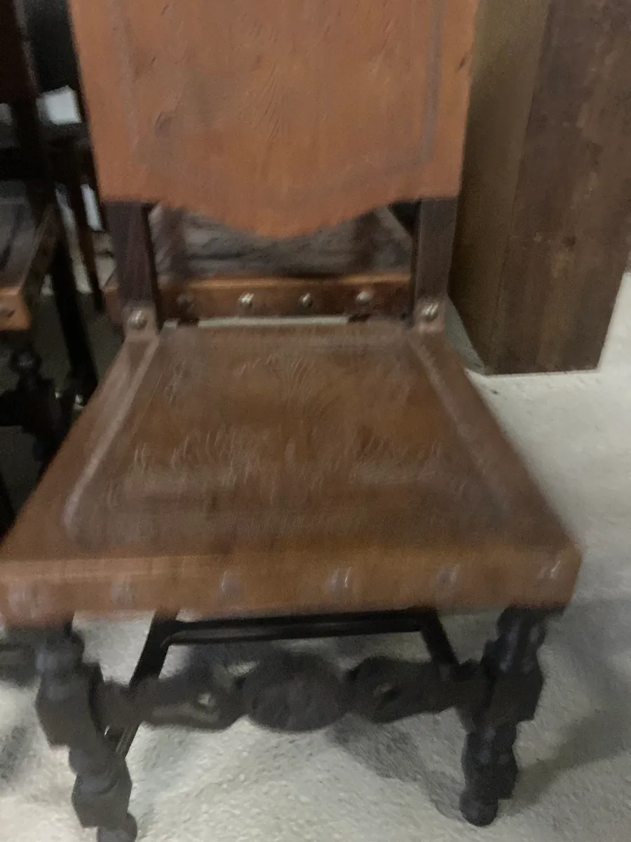 8 Tudor style hand tooled leather dining chairs - Image 4