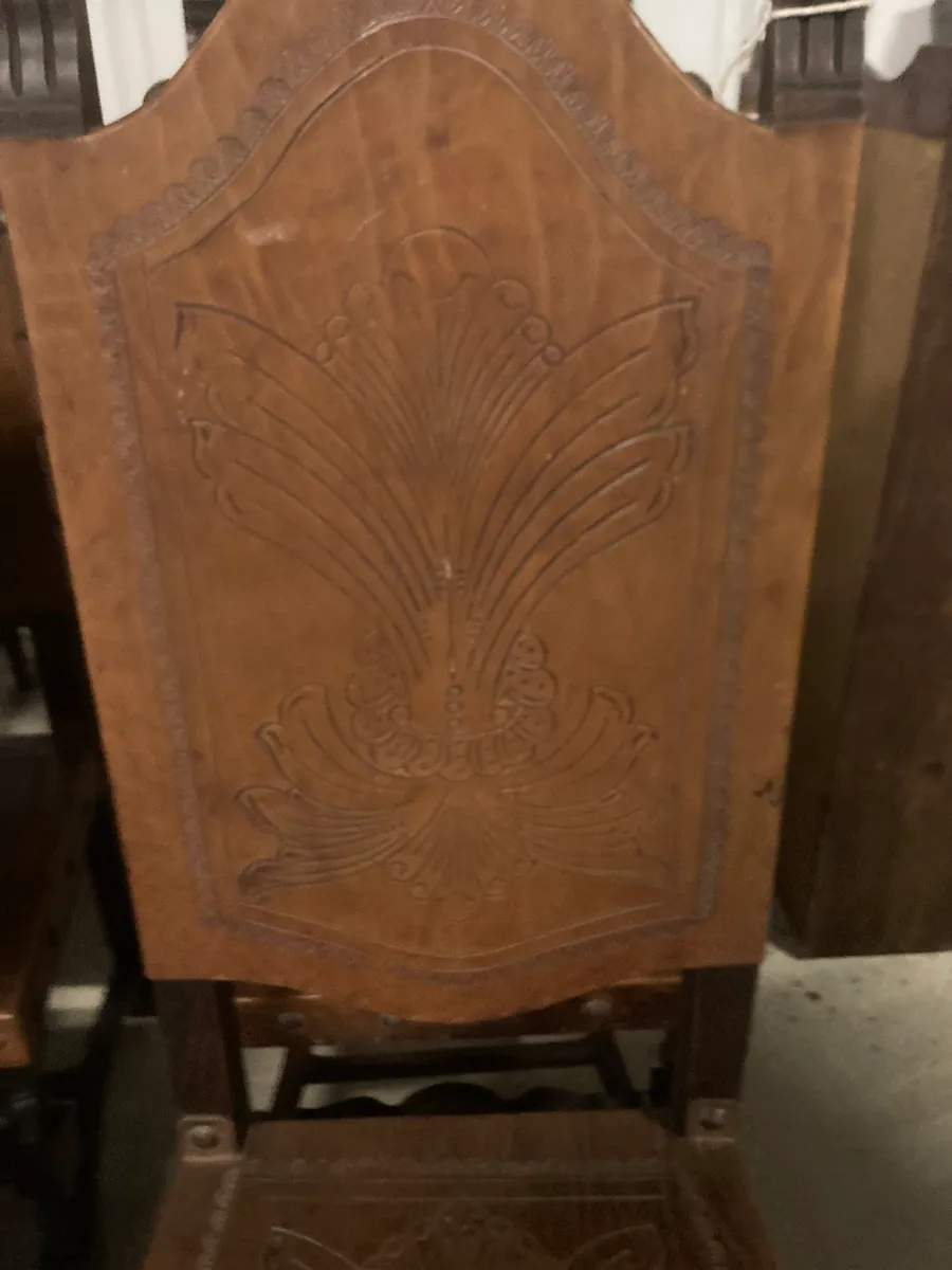 8 Tudor style hand tooled leather dining chairs - Image 2