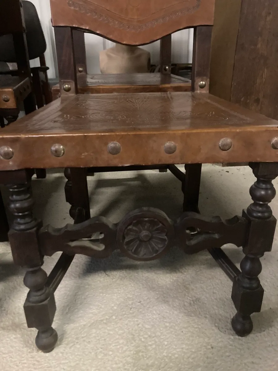 8 Tudor style hand tooled leather dining chairs - Image 3