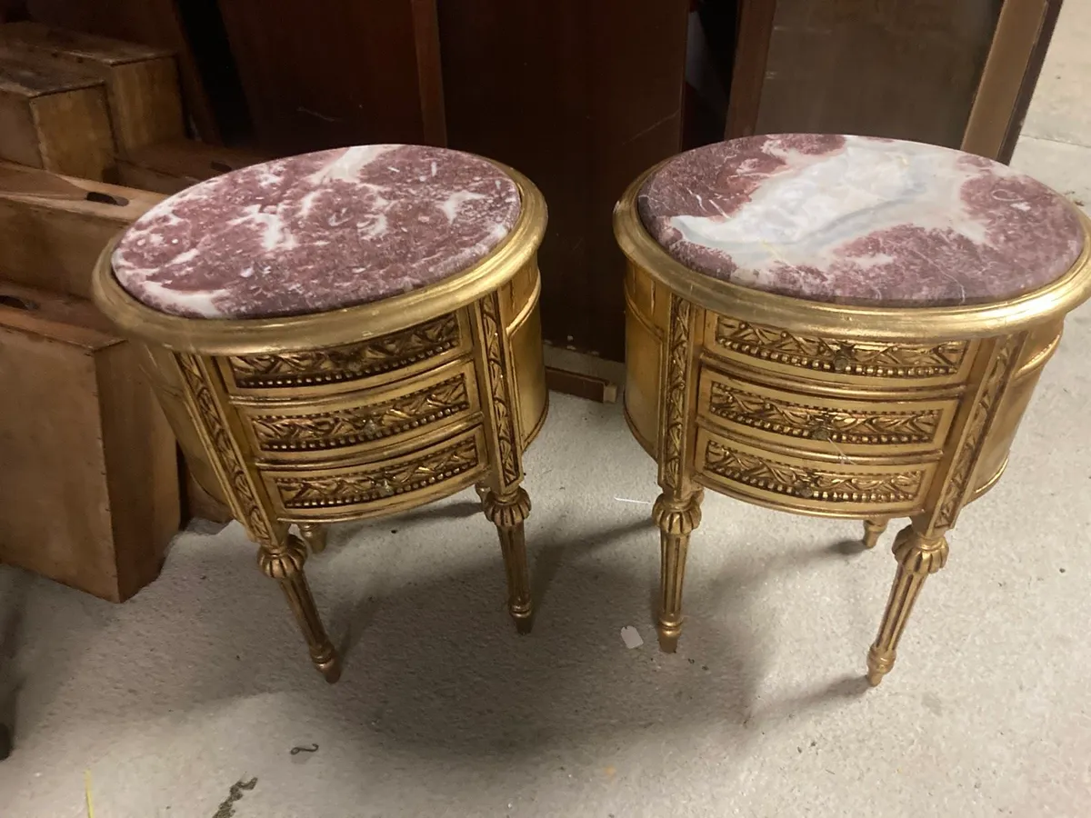 Pair matching marble top side tables with drawers - Image 1