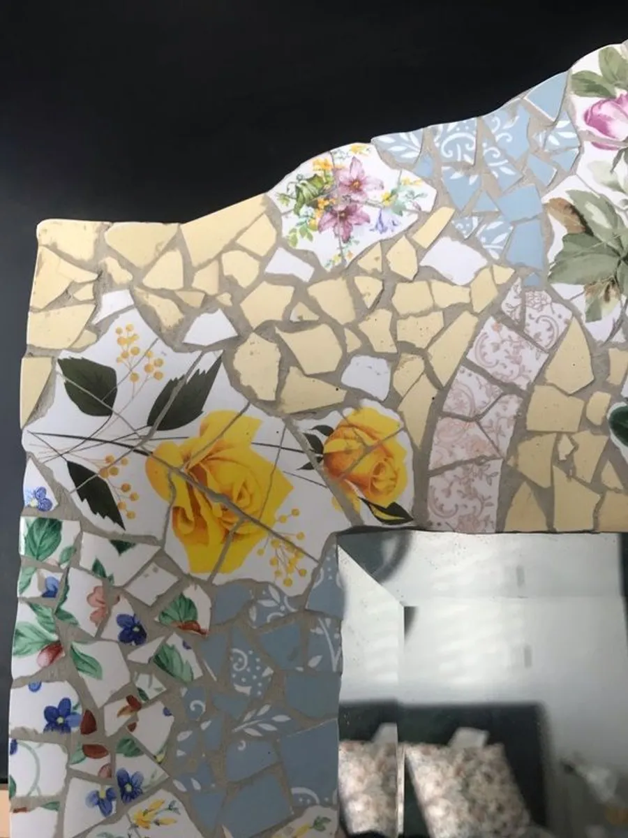 1/2 PRICE Ceramic mosaic flowered mirror 19" x 13" - Image 1