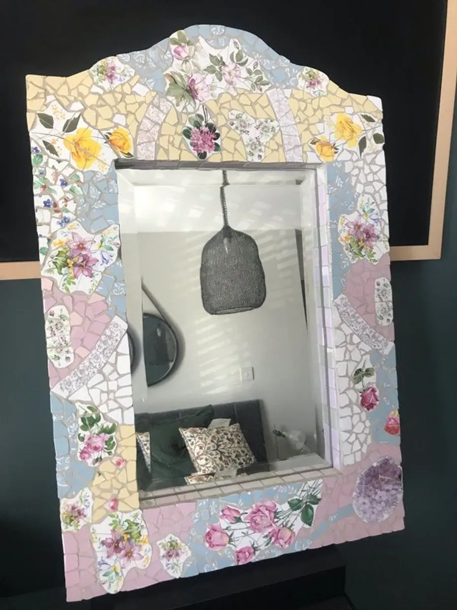 1/2 PRICE Ceramic mosaic flowered mirror 19" x 13" - Image 2