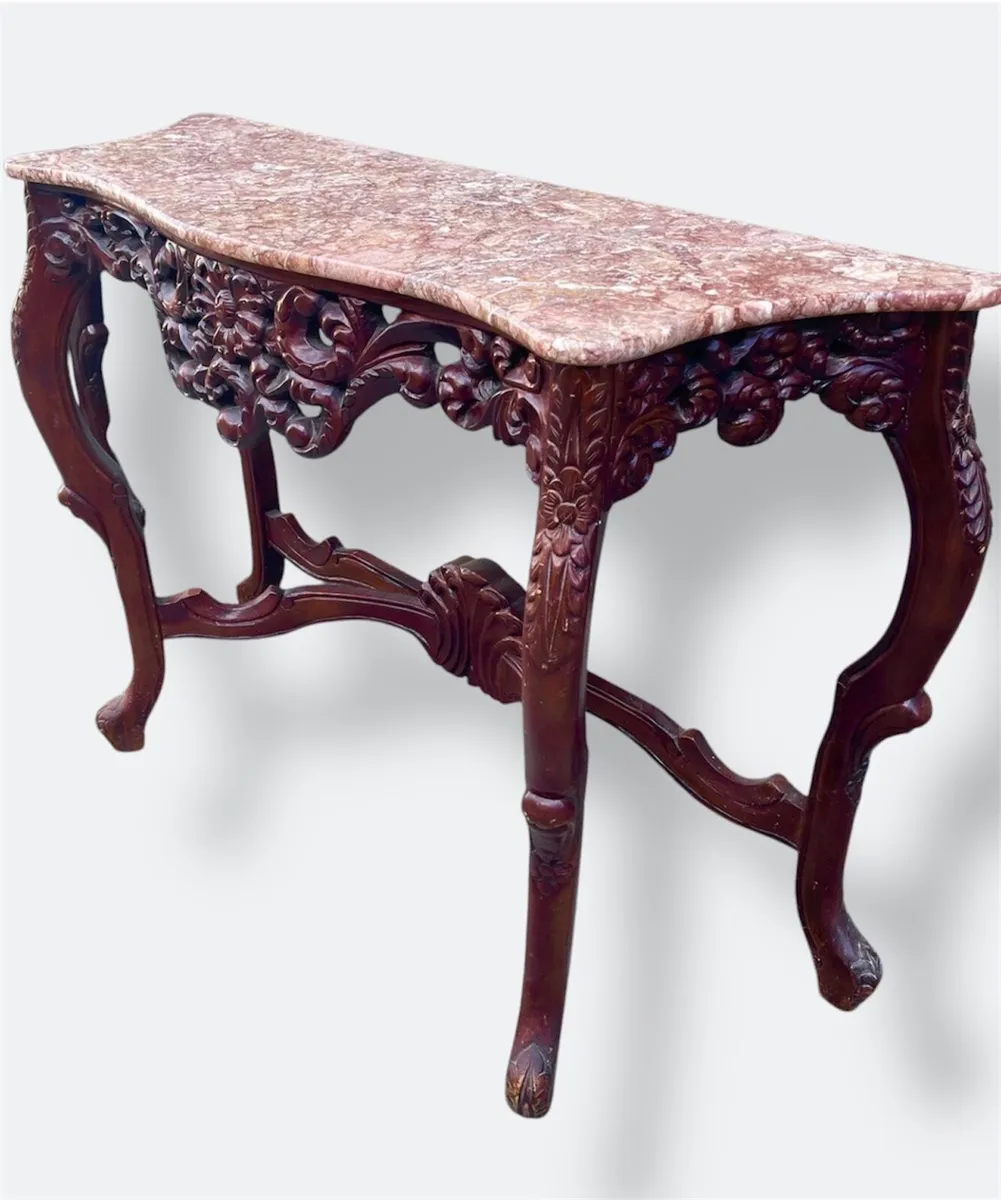 Pair mahogany marble top console tables - Image 2