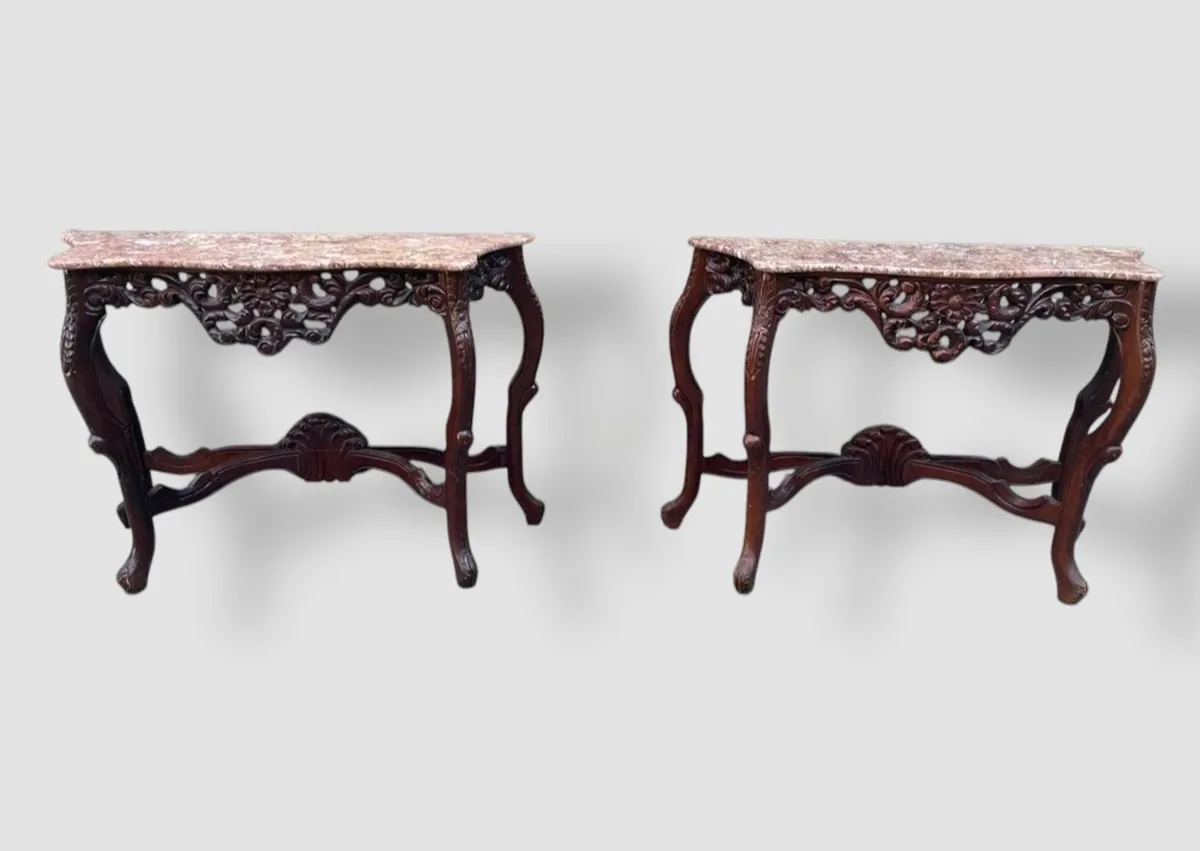Pair mahogany marble top console tables - Image 1