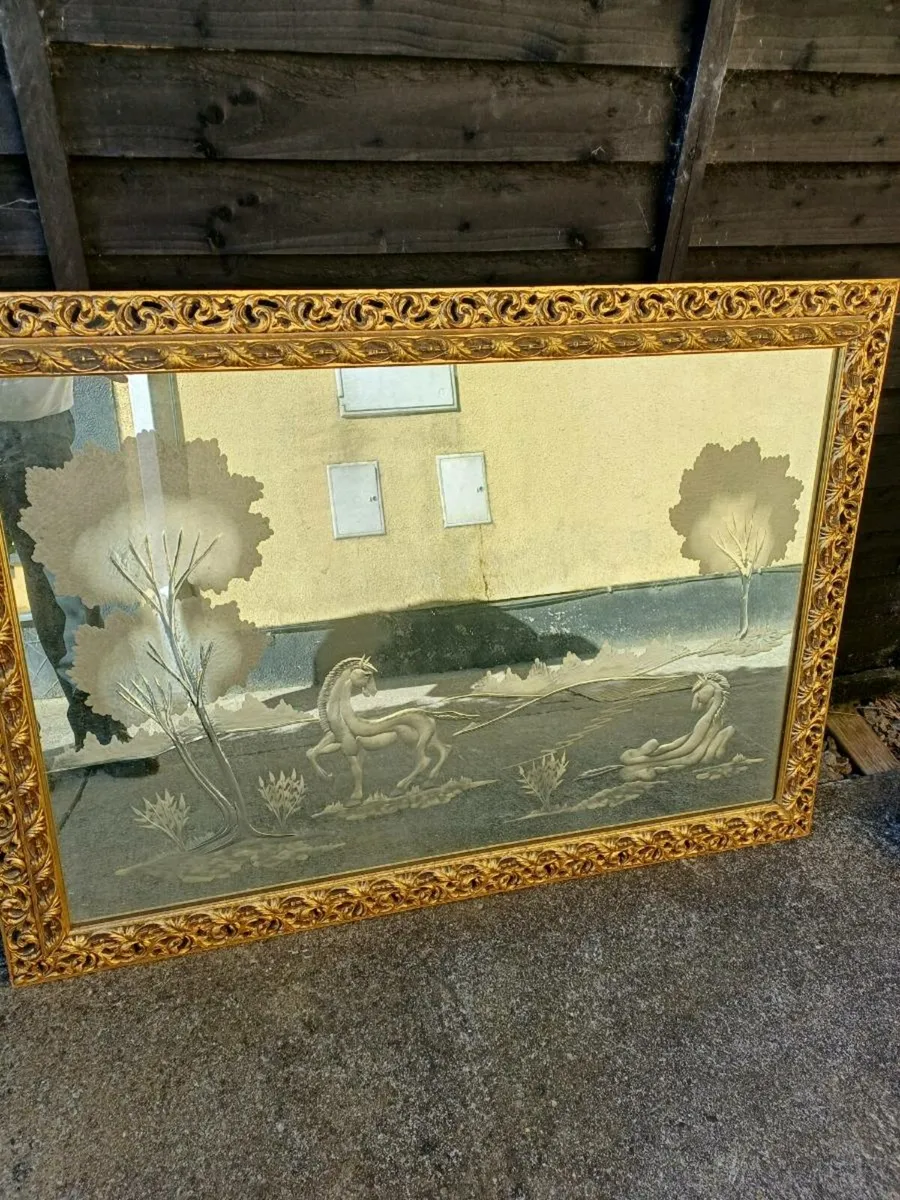 1960/70s Engraved "Horses Grazing" Mirror - Image 1