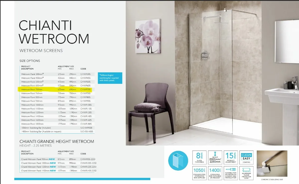 Wet room 700mm Shower Panel & 300mm Swing - Image 1