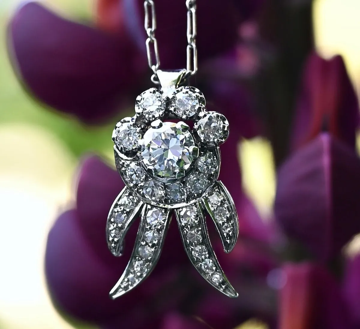 Antique Art Deco Diamond Cluster Pendant Necklace - Image 1