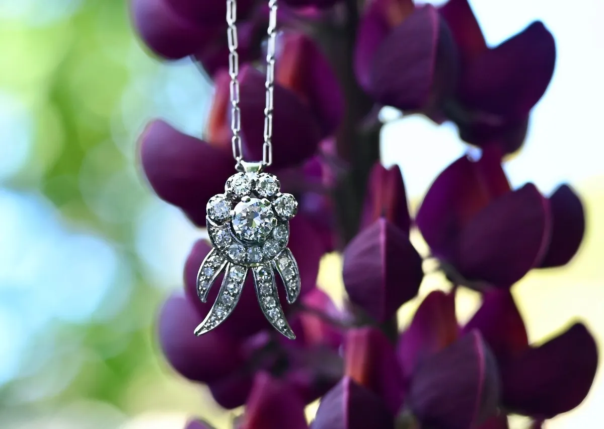 Antique Art Deco Diamond Cluster Pendant Necklace - Image 2