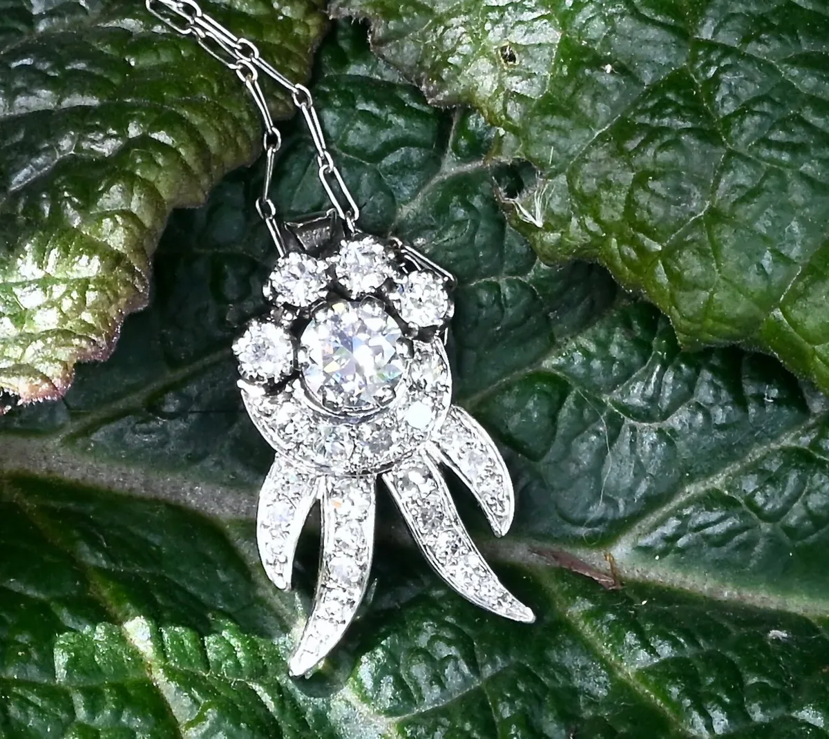 Antique Art Deco Diamond Cluster Pendant Necklace - Image 4