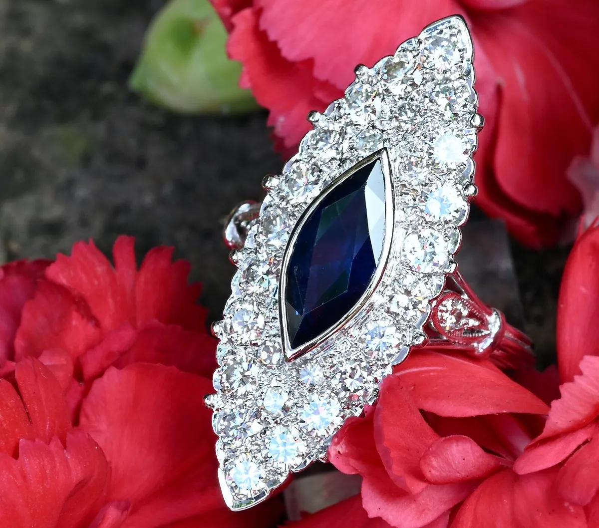 Large Antique Sapphire & Diamond Marquise Ring - Image 1