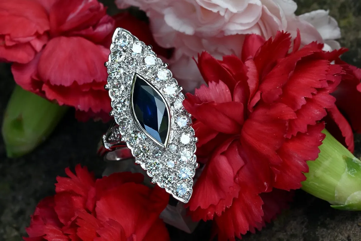 Large Antique Sapphire & Diamond Marquise Ring - Image 2
