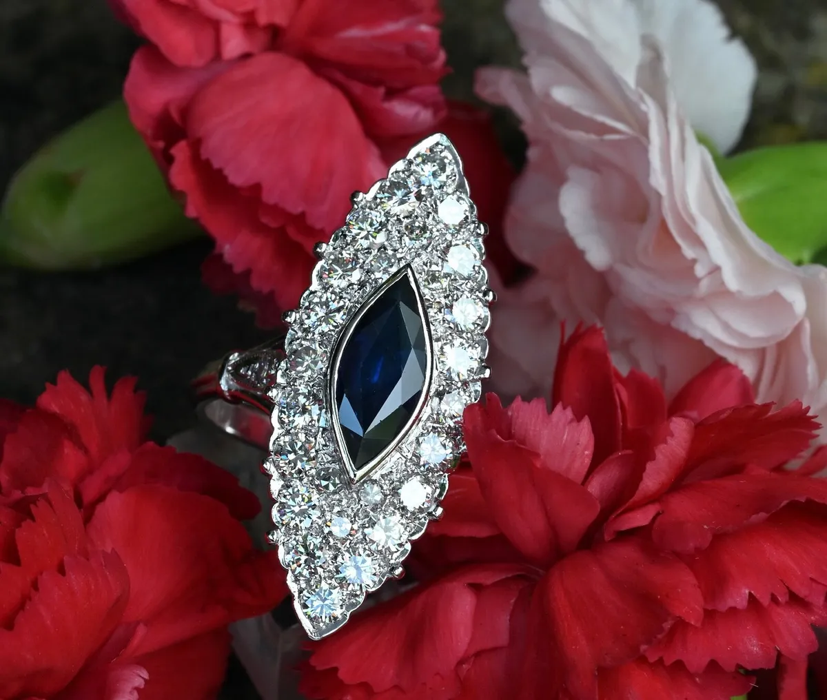 Large Antique Sapphire & Diamond Marquise Ring - Image 3