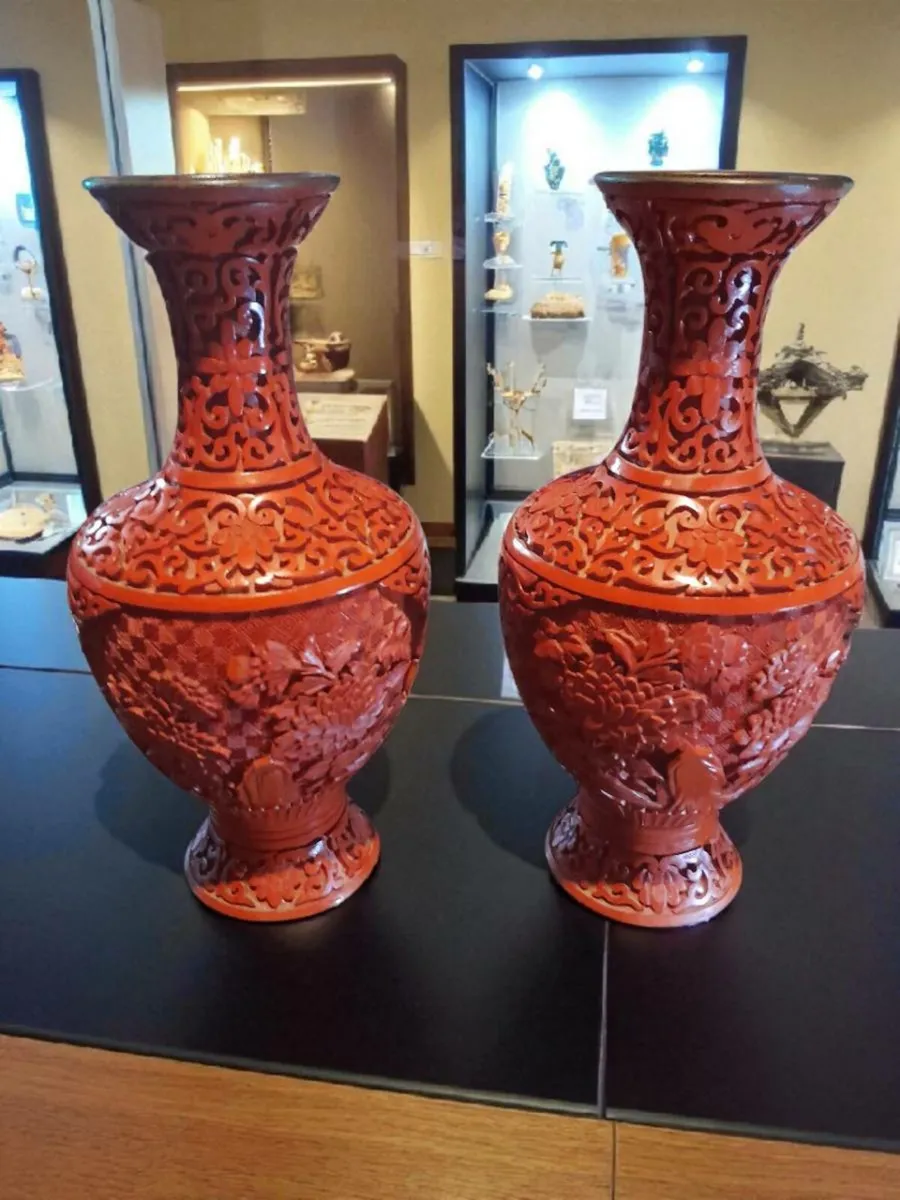 Pair of al Cinnabar blue enamel hand carved vases - Image 1