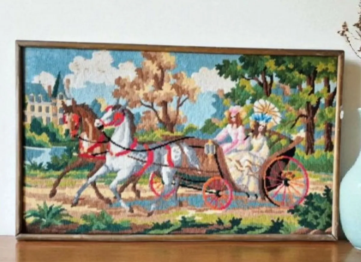Vintage French tapestry ,Ladies in chariot - Image 1