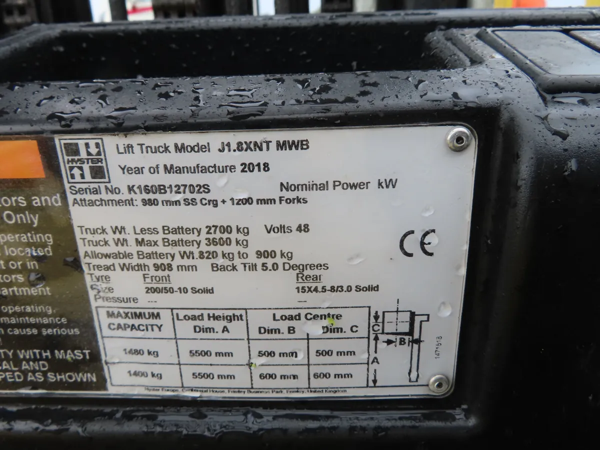 Hyster 1.8 Ton Electric Forklift YOM 2018 - Image 3