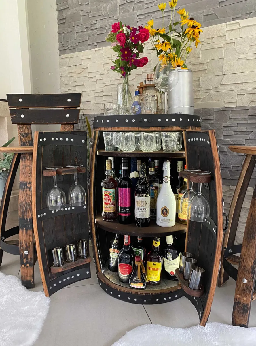 Whiskey barrel real oak Bar liquor Cabinet table - Image 1