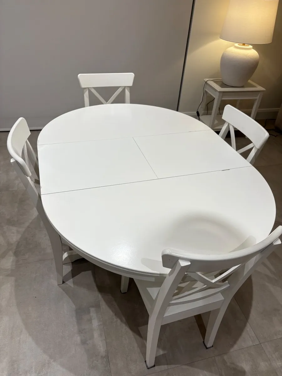 Round White Wooden Table and Four Matching Chairs - Image 2