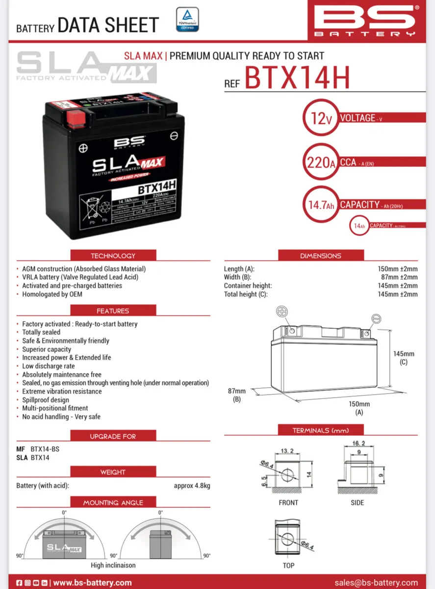 BS SLA-Max (BTX-14H) motorcycle battery - Image 1