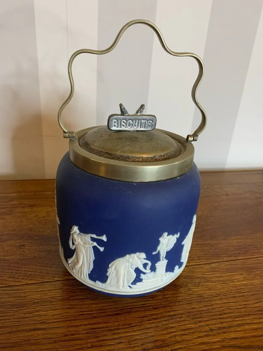 Antique Adams Cobalt Jasperware biscuit barrel. - Image 2