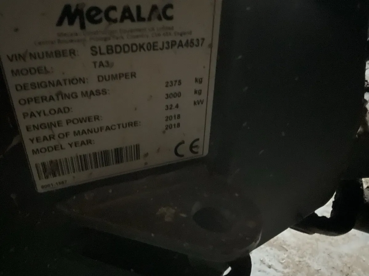 2018 Mecalac 3 Tonne Straight tip dumper - Image 3