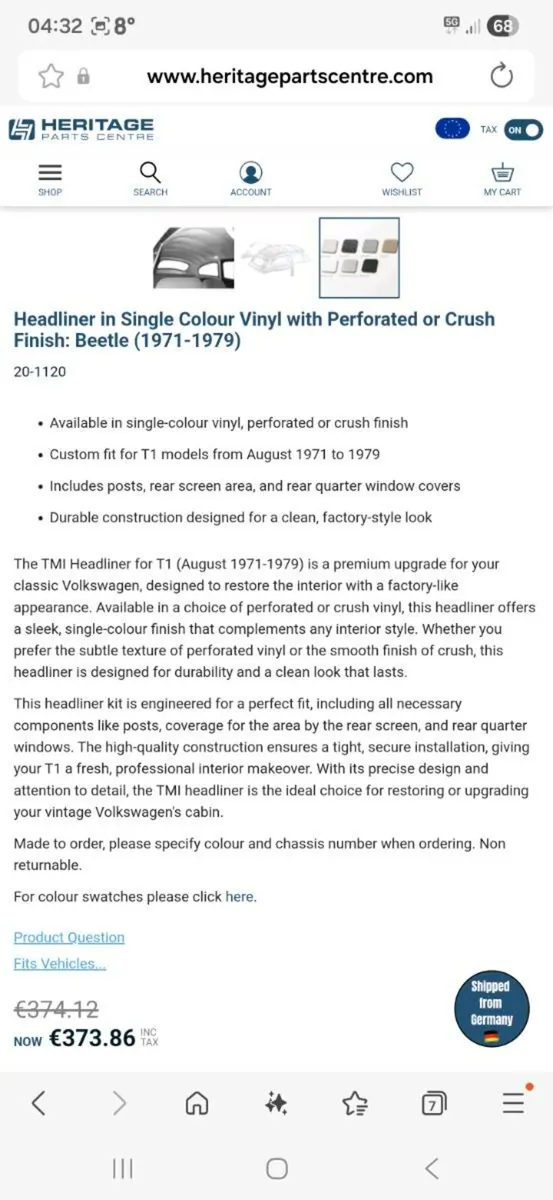 '71-'79 Beetle Full Headliner & 11 Piece Padding - Image 1