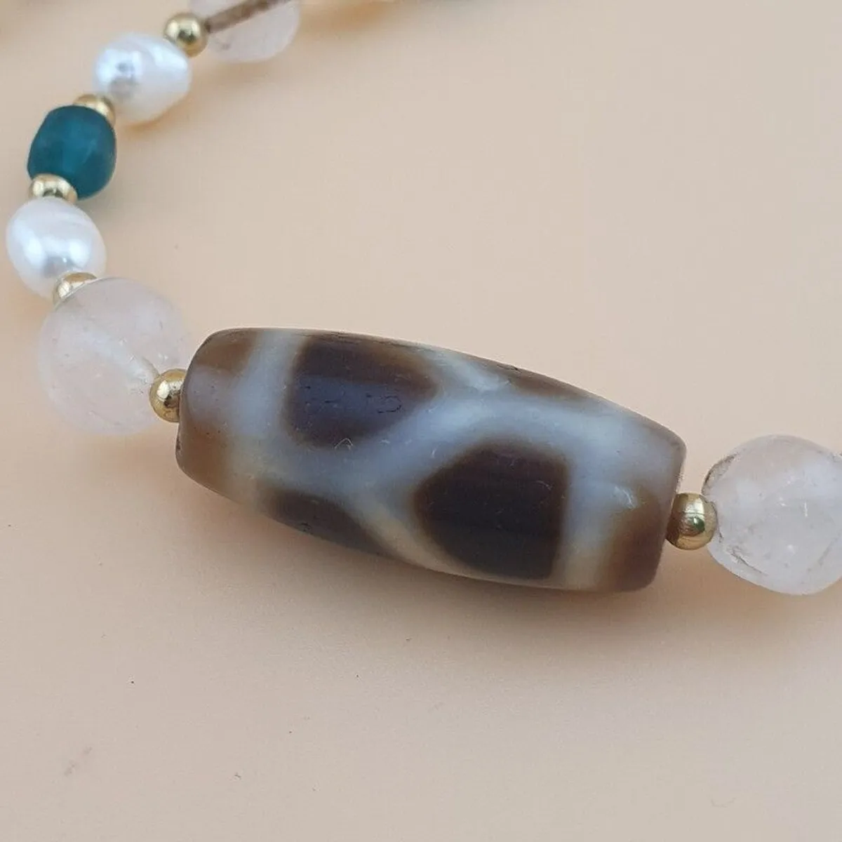 Vintage Himalayan Chain Link Tibetan Agate Dzi Beads With Pearls & Himalayan Quartz Necklace - Image 2