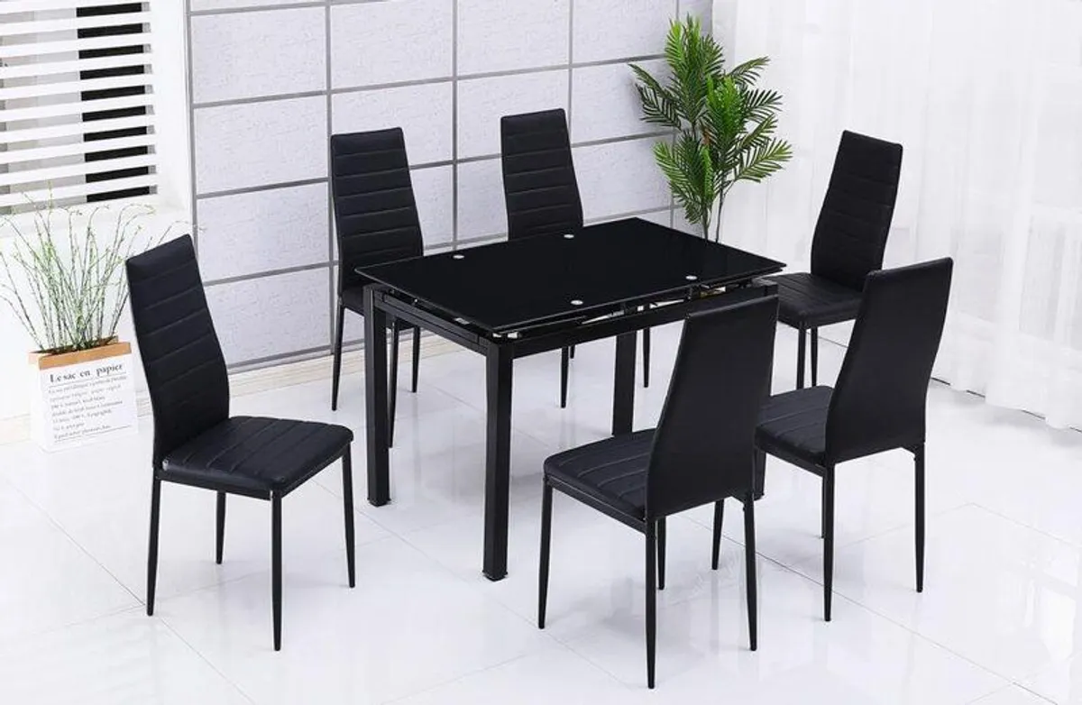 Extendable Glass Dining Table Set with 6 Faux Leather Chairs Black & White Elegant and Modern - Image 4