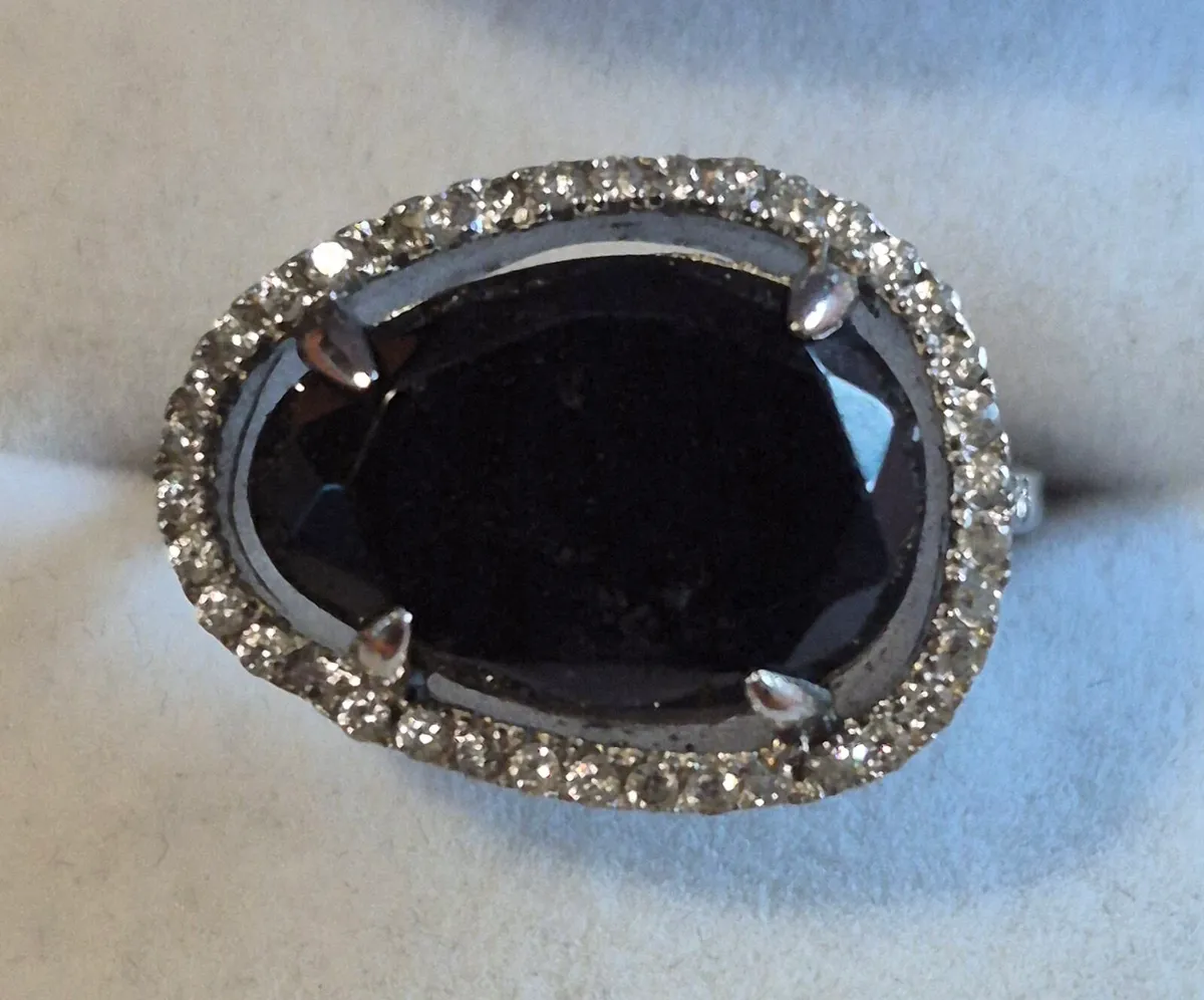 925 Silver, CZ & Black Crystal Ring (Size O) - Image 1