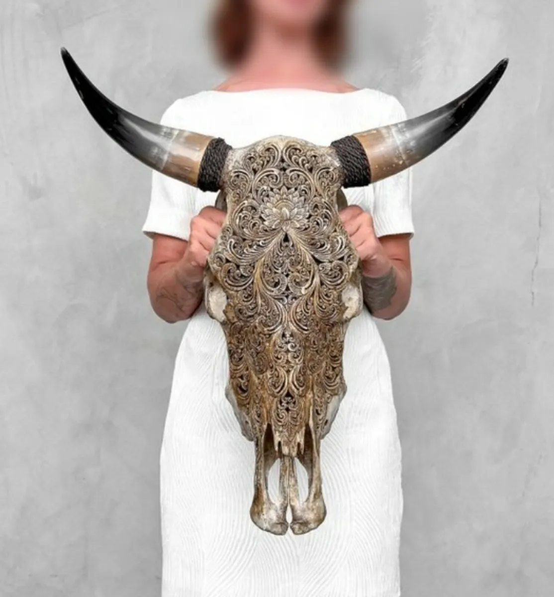Large authentic brown bull skull Lotus motifs - Image 1