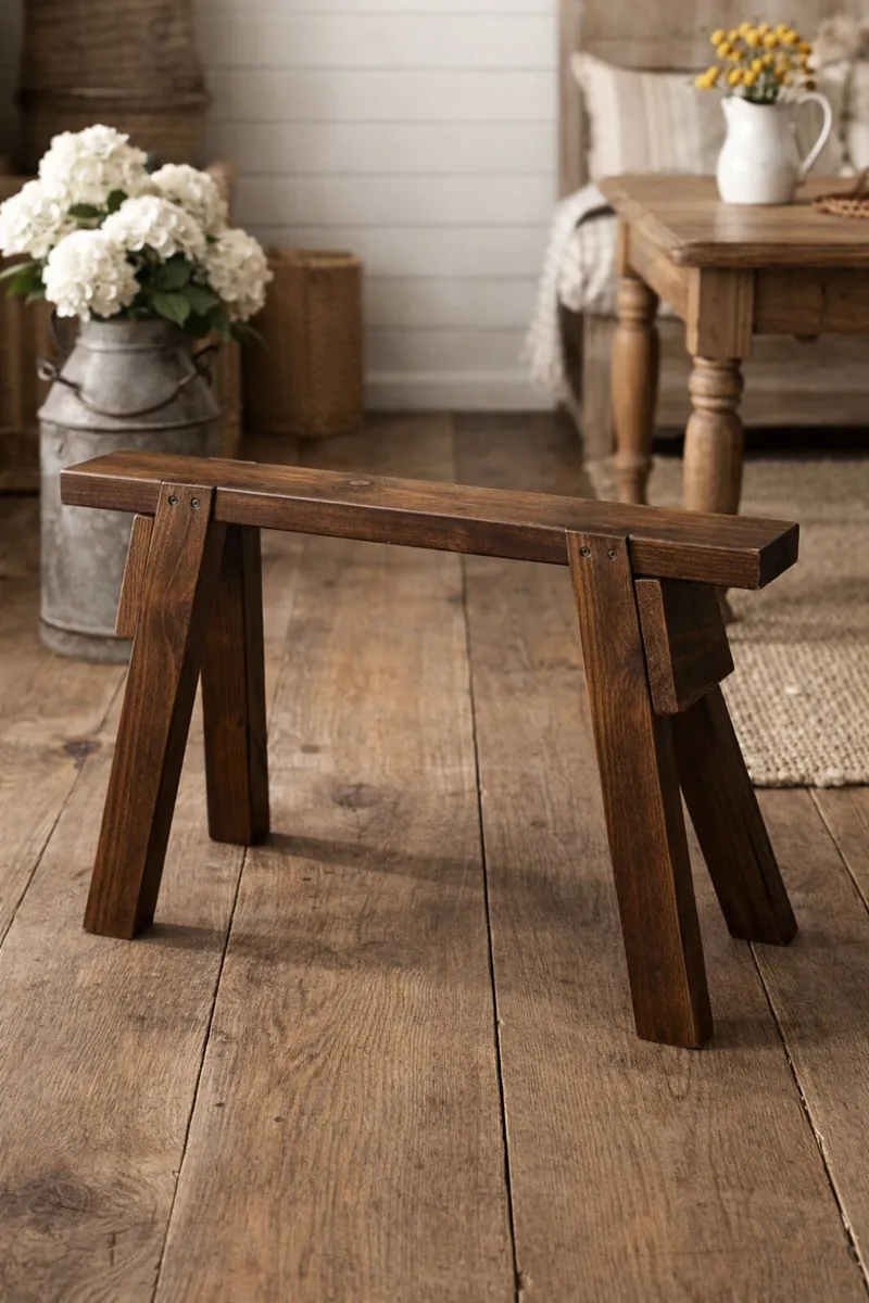 Rustic wooden Stool ...Legs splayed both ways - Image 2