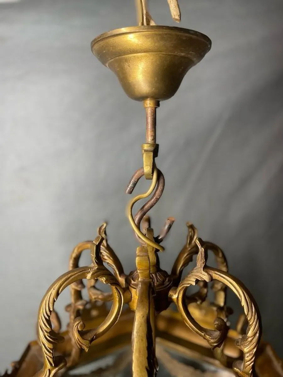 Large French Gilded Bronze Hall Lantern with Beveled Star Cut Glass - Image 2