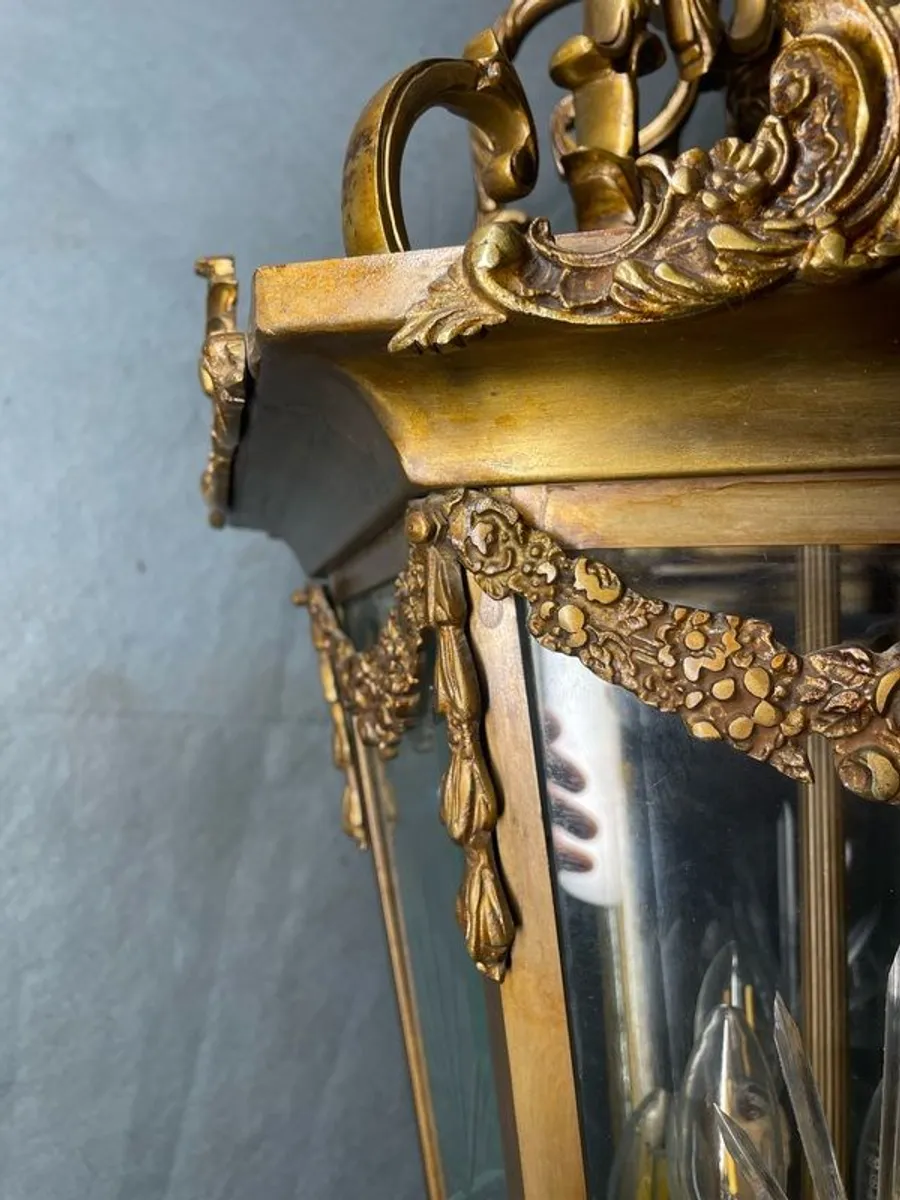 Large French Gilded Bronze Hall Lantern with Beveled Star Cut Glass - Image 4