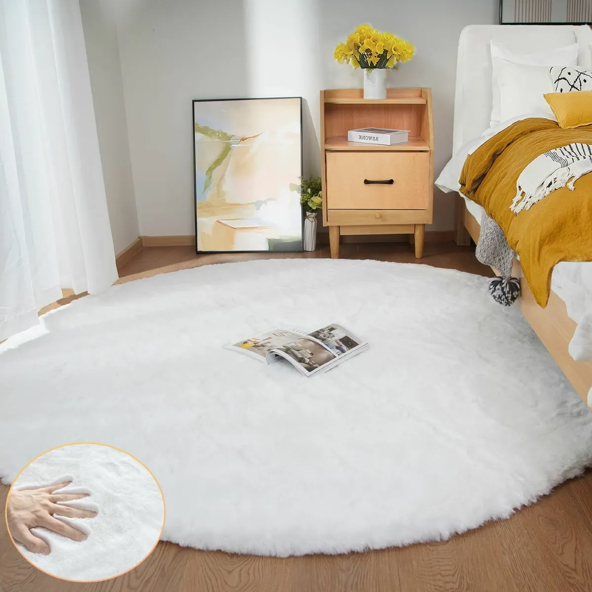 White Round Shag Rugs 180cm Faux Rabbit Washable - Image 1