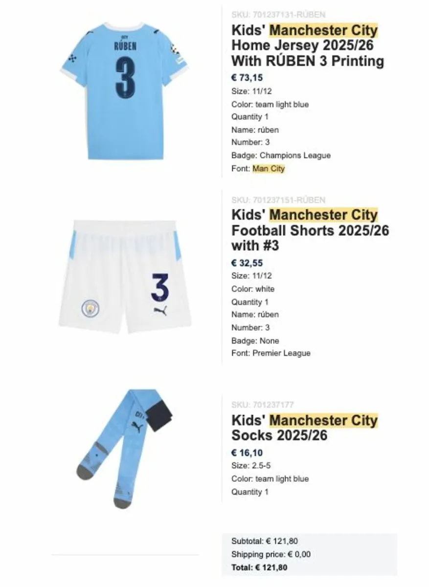 AUTHENTIC Man City Kit Age 11-12 - Image 1