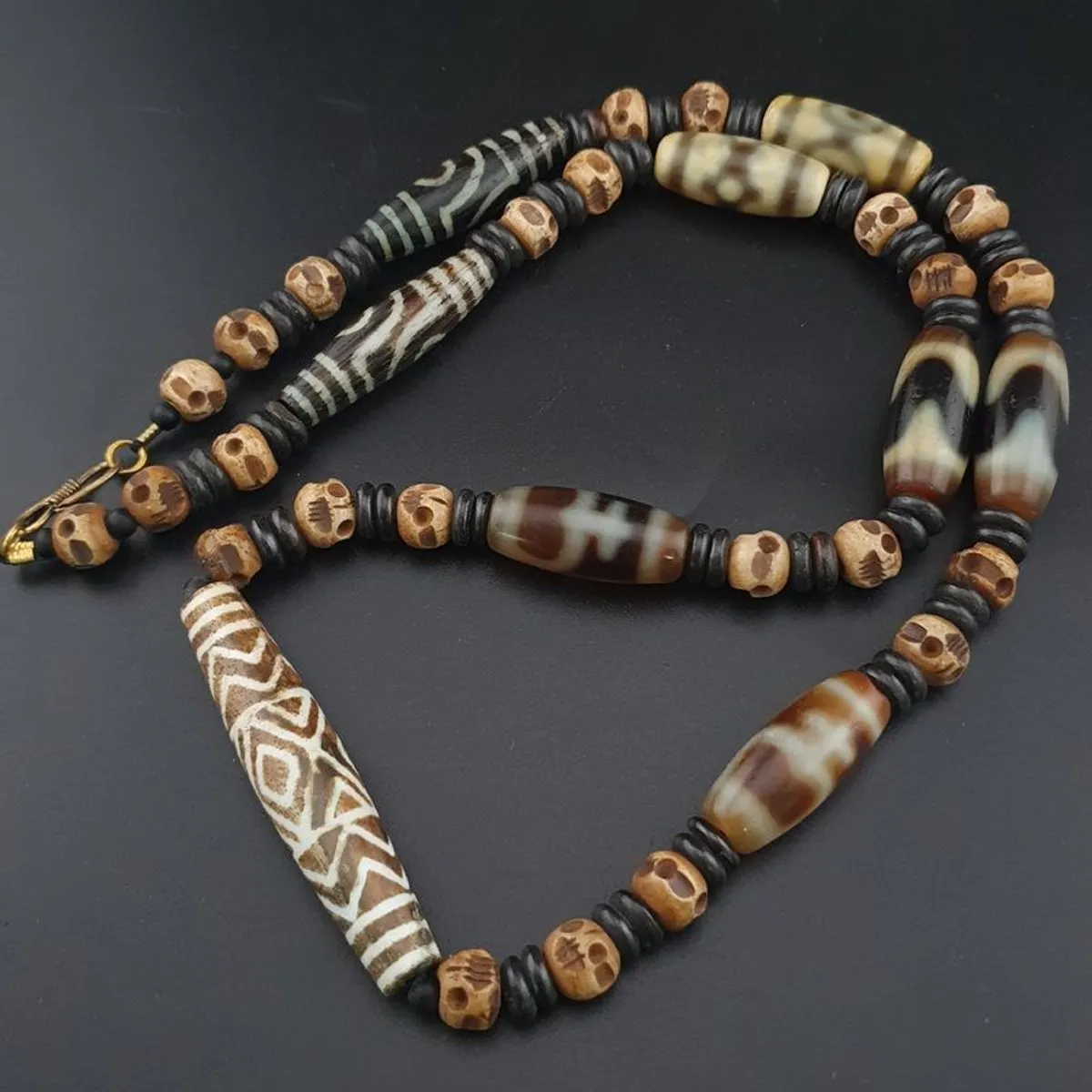 Antique Burmese Pumtek Pyu & Himalayan Tibetan Agate with Skull Shape Beads Necklace - Image 1