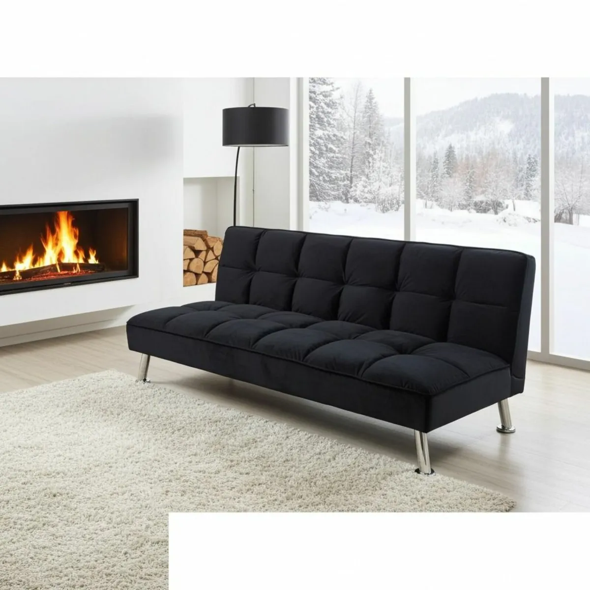 Black Folding 3 Seater Fabric Sofa Bed - Image 1