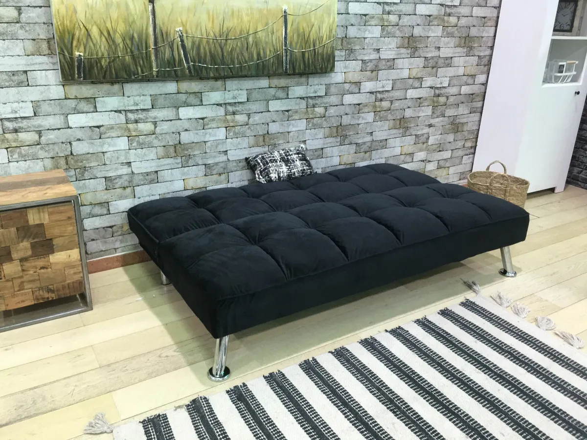 Black Folding 3 Seater Fabric Sofa Bed - Image 2
