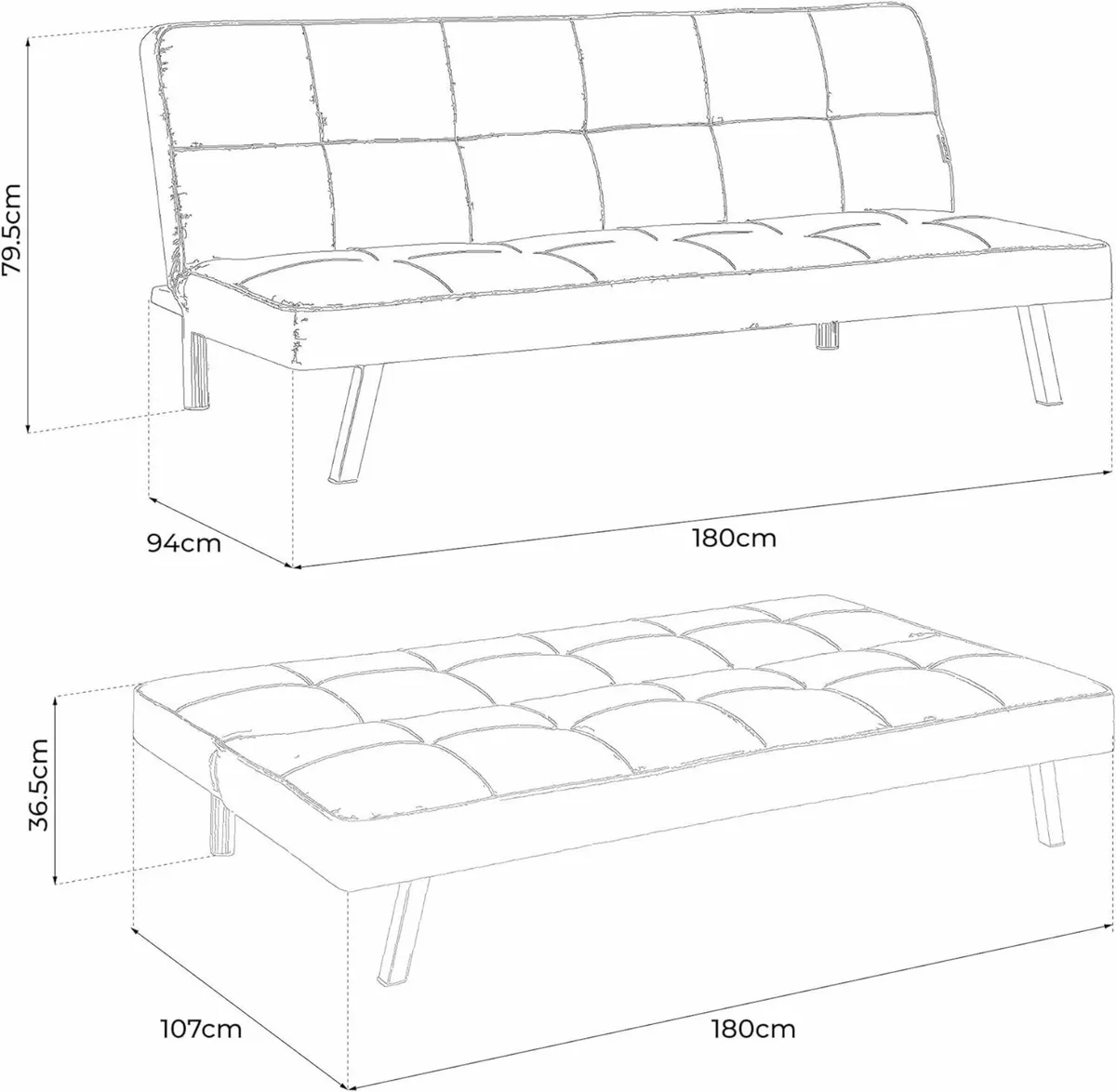 Black Folding 3 Seater Fabric Sofa Bed - Image 4