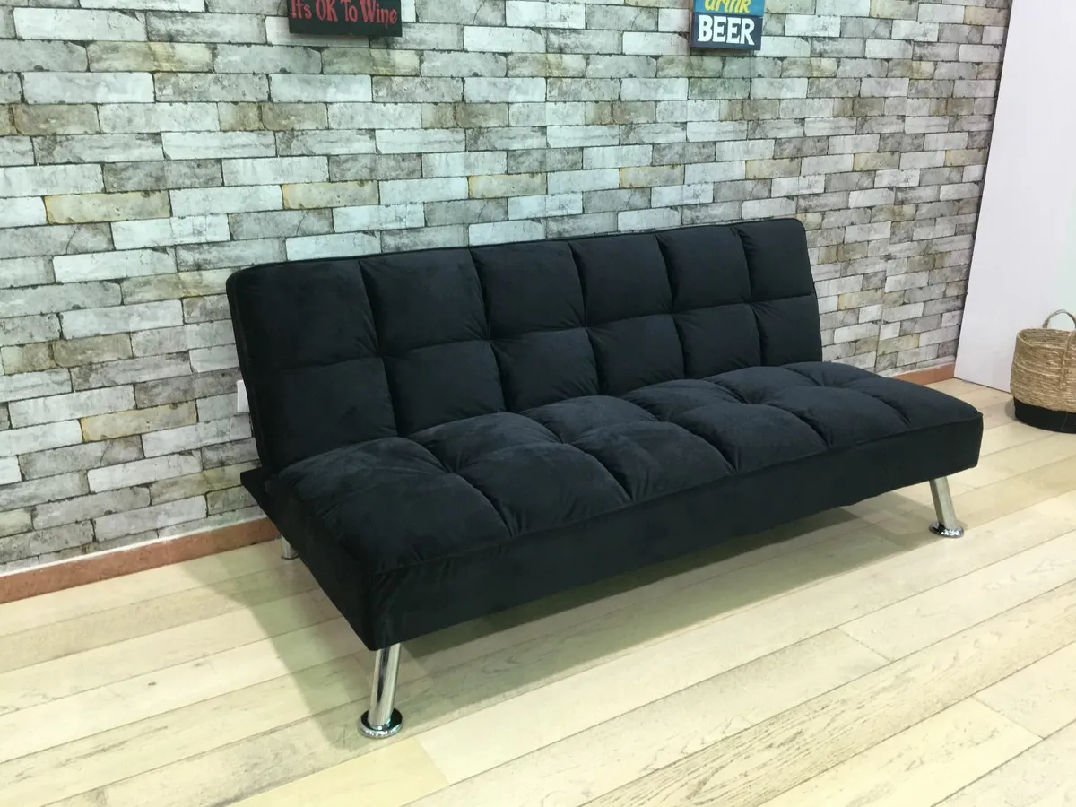 Black Folding 3 Seater Fabric Sofa Bed - Image 1