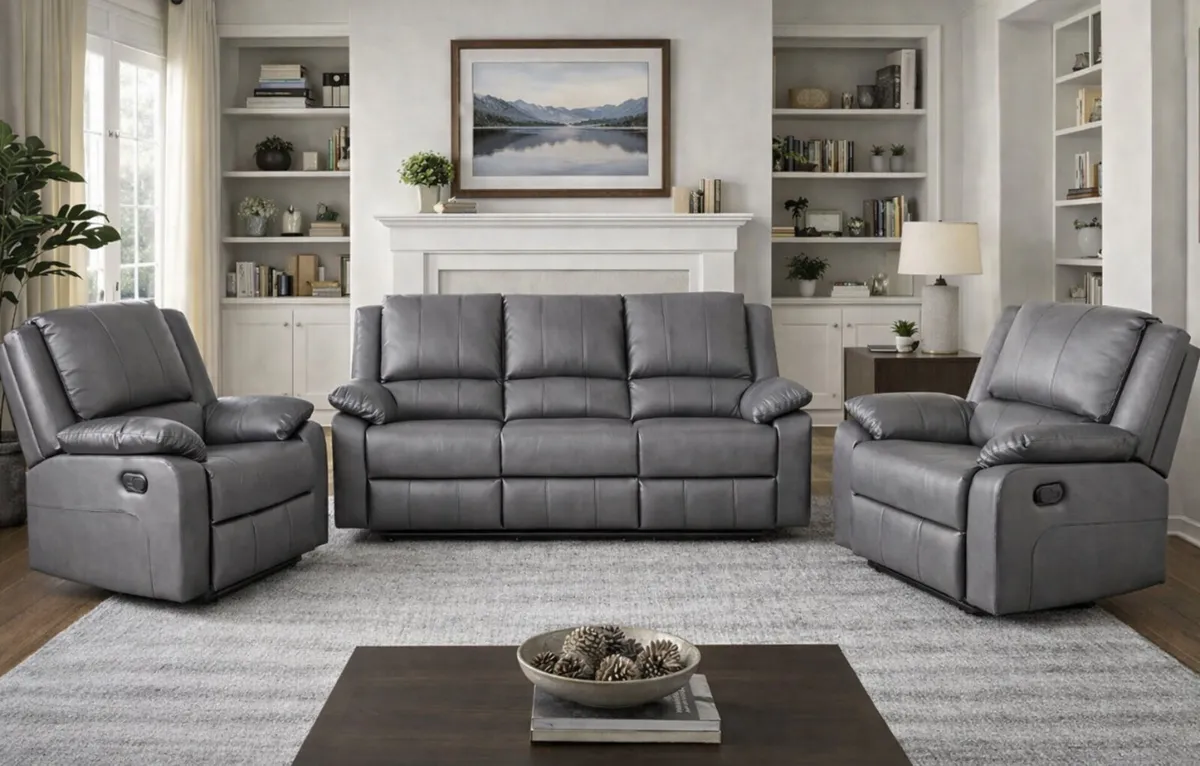 New 3+1+1 Grey leather Madrid Sofa Recliner - Image 1