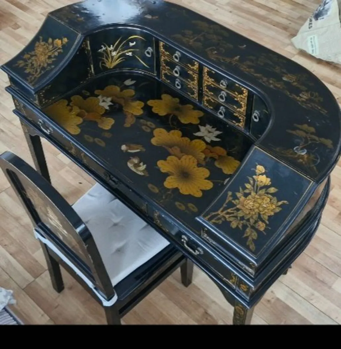 Chinoiserie Writing Desk and Chair - Black & Gold - Image 1