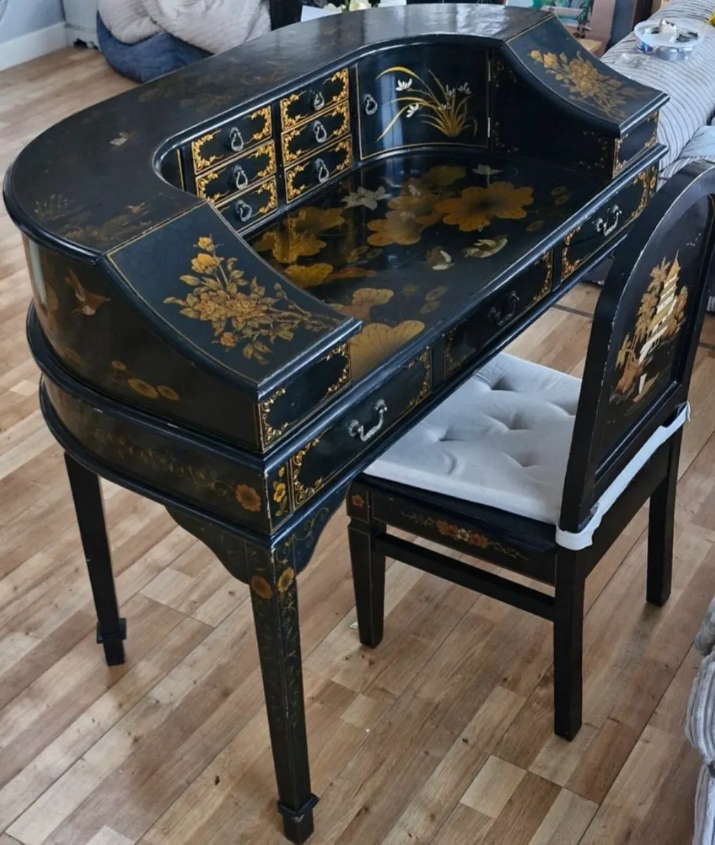 Chinoiserie Writing Desk and Chair - Black & Gold - Image 2