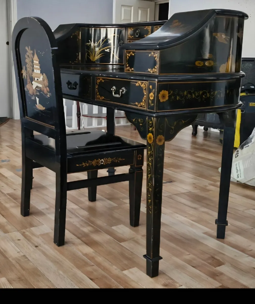 Chinoiserie Writing Desk and Chair - Black & Gold - Image 3