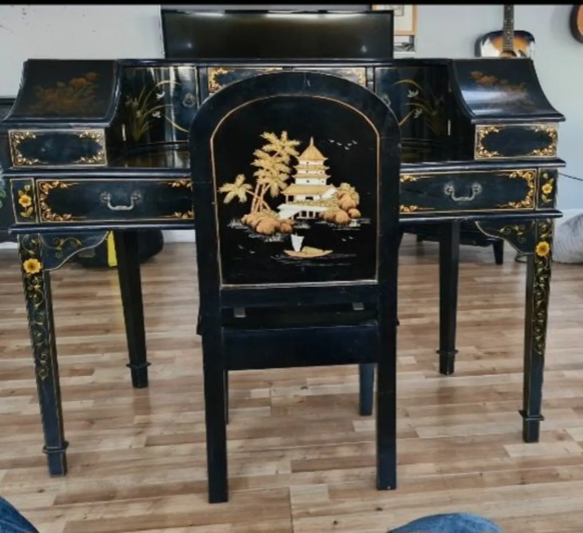 Chinoiserie Writing Desk and Chair - Black & Gold - Image 4