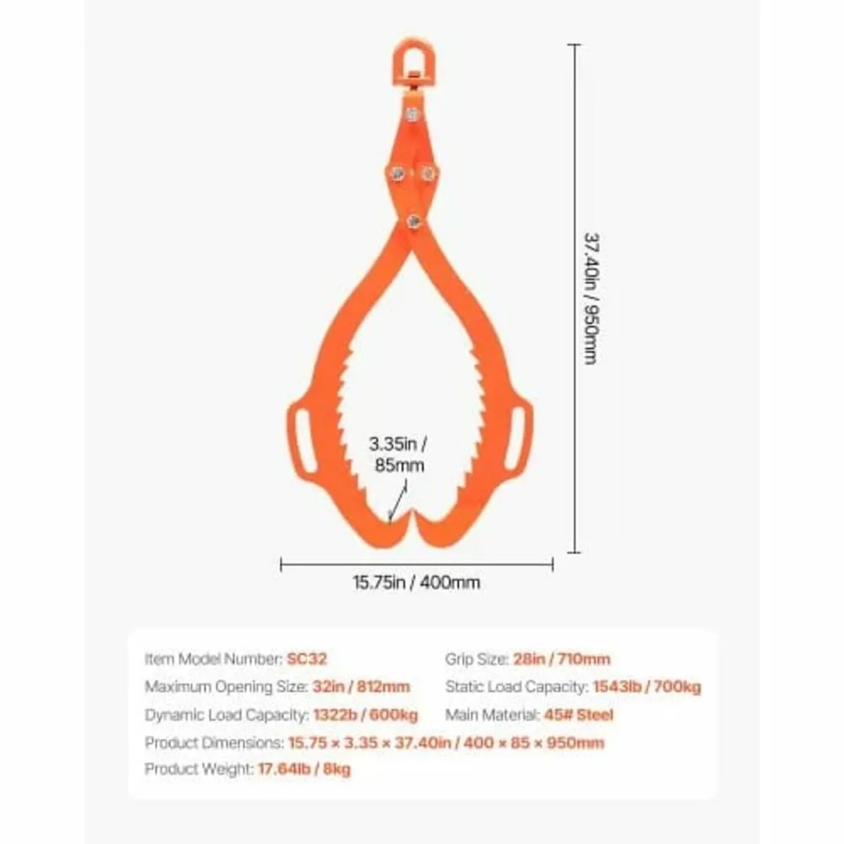 32in Log Lifting Tongs, 2-Claw Log Tongs, Heavy Du - Image 3